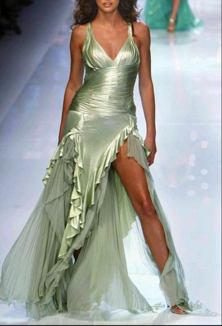 V Neck Satin Green Prom Dress Ruffle Evening Party Gown With Slit J6359