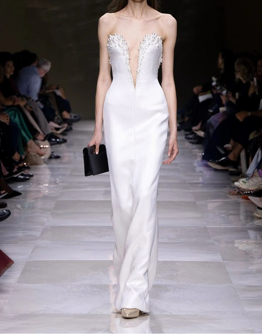 Strapless Satin White Prom Dress Sheath Pearl Evening Party Dress J6364