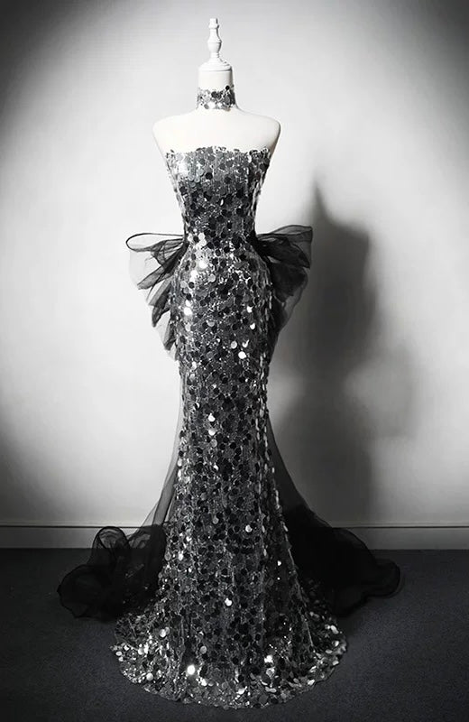 Robe de soirée longue argentée style sirène, bustier, sequins et tulle, J6771