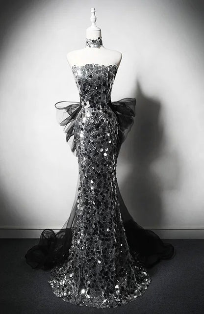Robe de soirée longue argentée style sirène, bustier, sequins et tulle, J6771