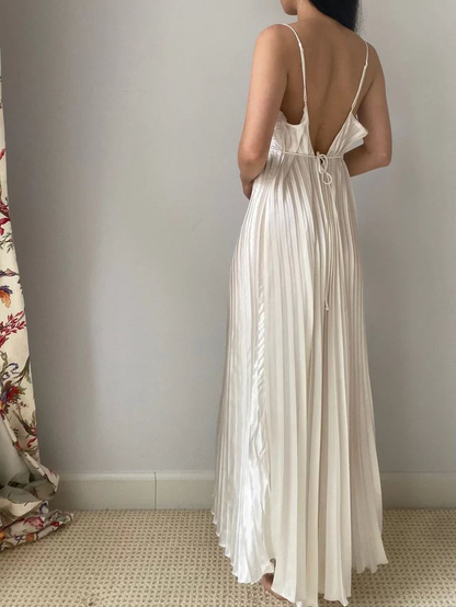 Rückenfreies, plissiertes Satin-Ballkleid in Elfenbein, sexy Abendkleid J6368