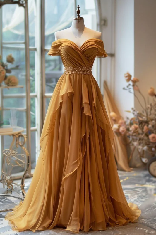 Schulterfreies A-Linien-Ballkleid aus Chiffon, formelles Partykleid J6369