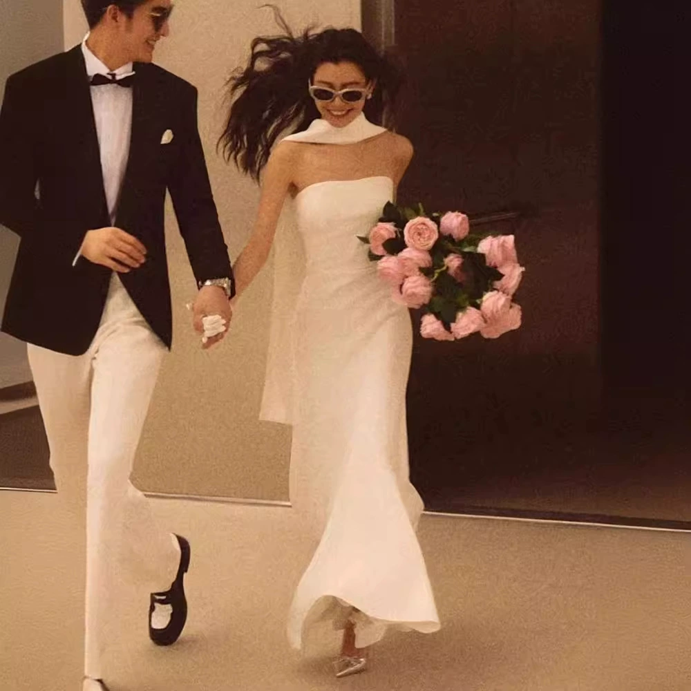 Meerjungfrau Trägerloses Weißes Abendkleid Einfaches Brautkleid J6370