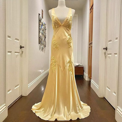 Meerjungfrau Satin Gelb Rückenfrei Lange Partykleider Formales Abendkleid J6375