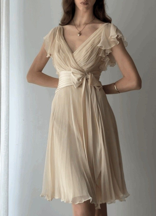 V-Ausschnitt A-Linie Chiffon Kurzes Kleid Schleife Sommerkleid J6379