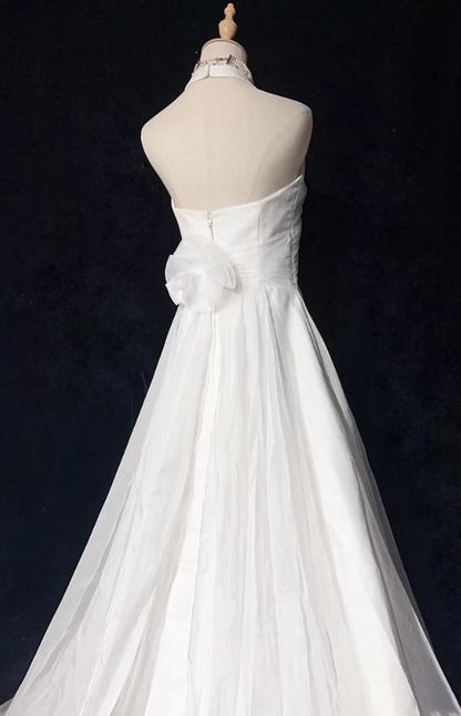 Meerjungfrau Neckholder Perlen Weiß Brautkleid Vintage Abendkleid J6381