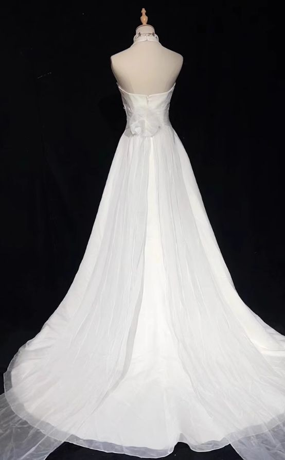 Meerjungfrau Neckholder Perlen Weiß Brautkleid Vintage Abendkleid J6381