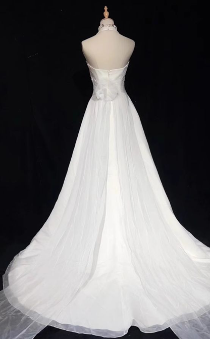 Meerjungfrau Neckholder Perlen Weiß Brautkleid Vintage Abendkleid J6381