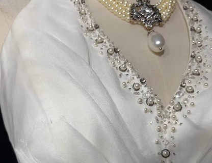 Meerjungfrau Neckholder Perlen Weiß Brautkleid Vintage Abendkleid J6381