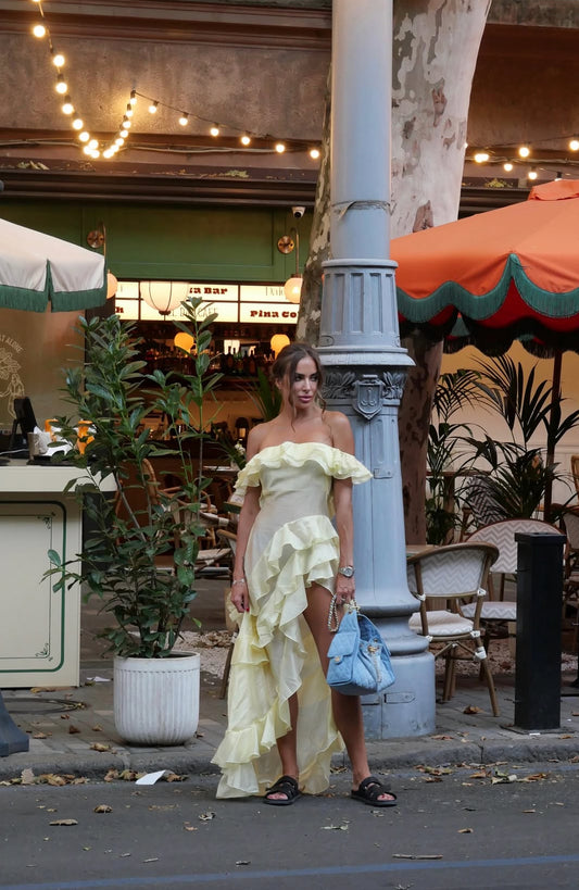 Off Shoulder Yellow Satin Prom Dress Ruffle Birthday Dress  J7817