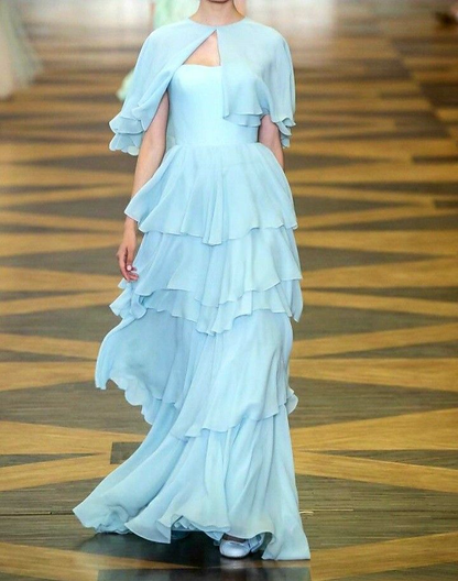 A Line Tiered Blue Chiffon Prom Dress Formal Party Gown J6384