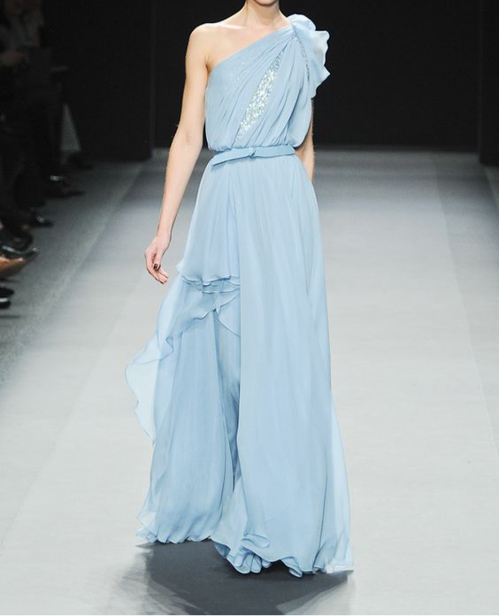 One-Shoulder-A-Linie Blau Chiffon Ballkleid Formelle Partykleid J6386