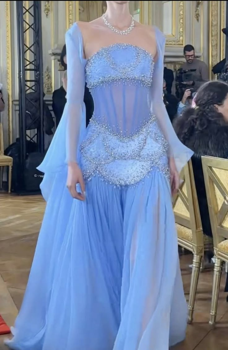 A Line Blue Formal Dress Chiffon Beads Evening Gown Prom Dress J6505