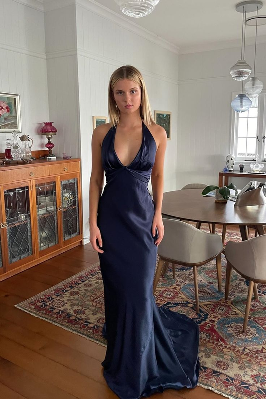 V Neck Navy Blue Prom Dress Formal Evening Party Dress J6508