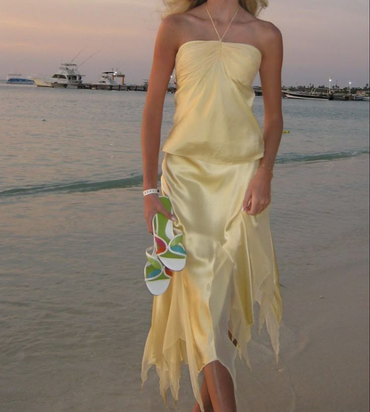 Halfter Meerjungfrau Gelb Ballkleid Satin Strand Urlaub Kleid J6396