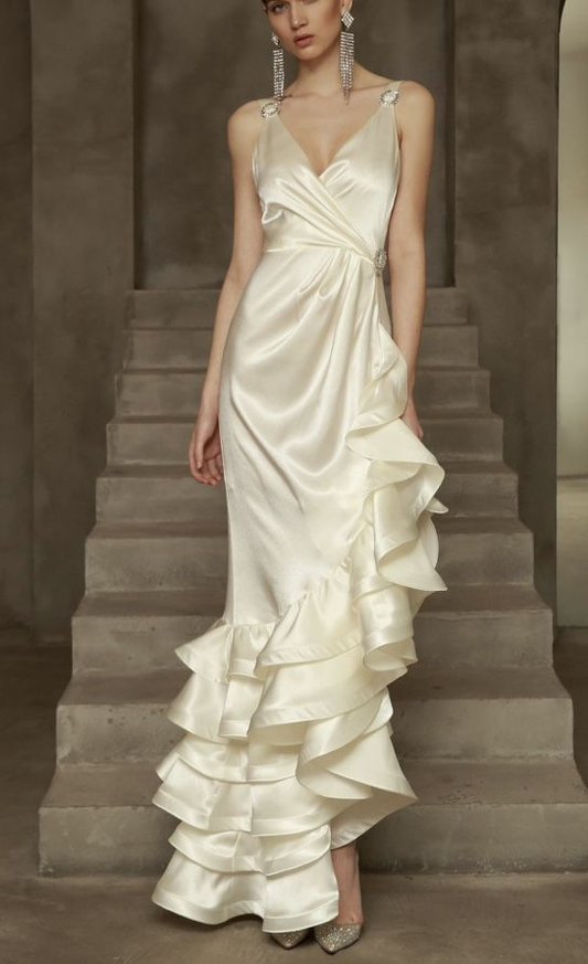 V Neck Satin Ruffle Beige Prom Dress Tiered Evening Dress J6511