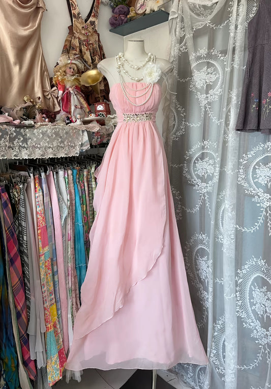 Strapless Pink A Line Formal Party Dress Beaded Long Prom Dress J8494
