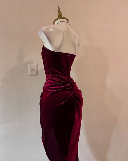 Sexy Strapless Slit Evening Dress Burgundy Birthday Dress Prom Dress J8668