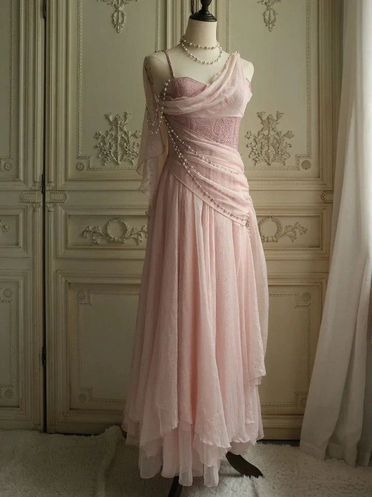 Pink Chiffon Sweetheart Long Prom Dress Pearls Birthday Dress Ball Gown J6401