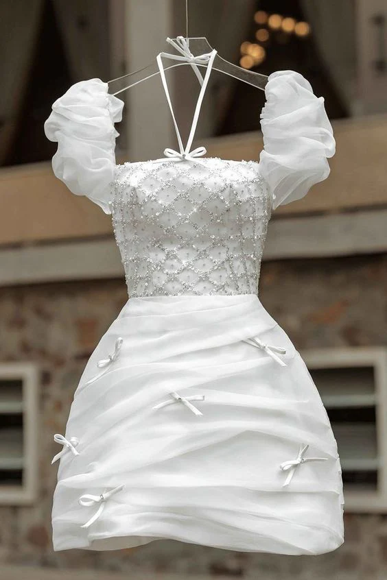 A Line Sequin Short Homecoming Dress White Birthday Outfits J6403