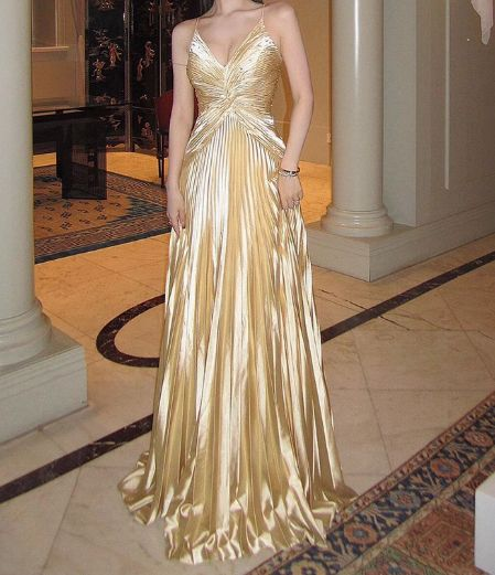 Gold A Line Spaghetti Straps Satin Long Prom Dress V Neck Pleated Evening Gown J6404