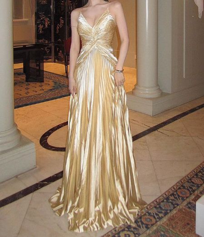 Gold A Line Spaghetti Straps Satin Long Prom Dress V Neck Pleated Evening Gown J6404