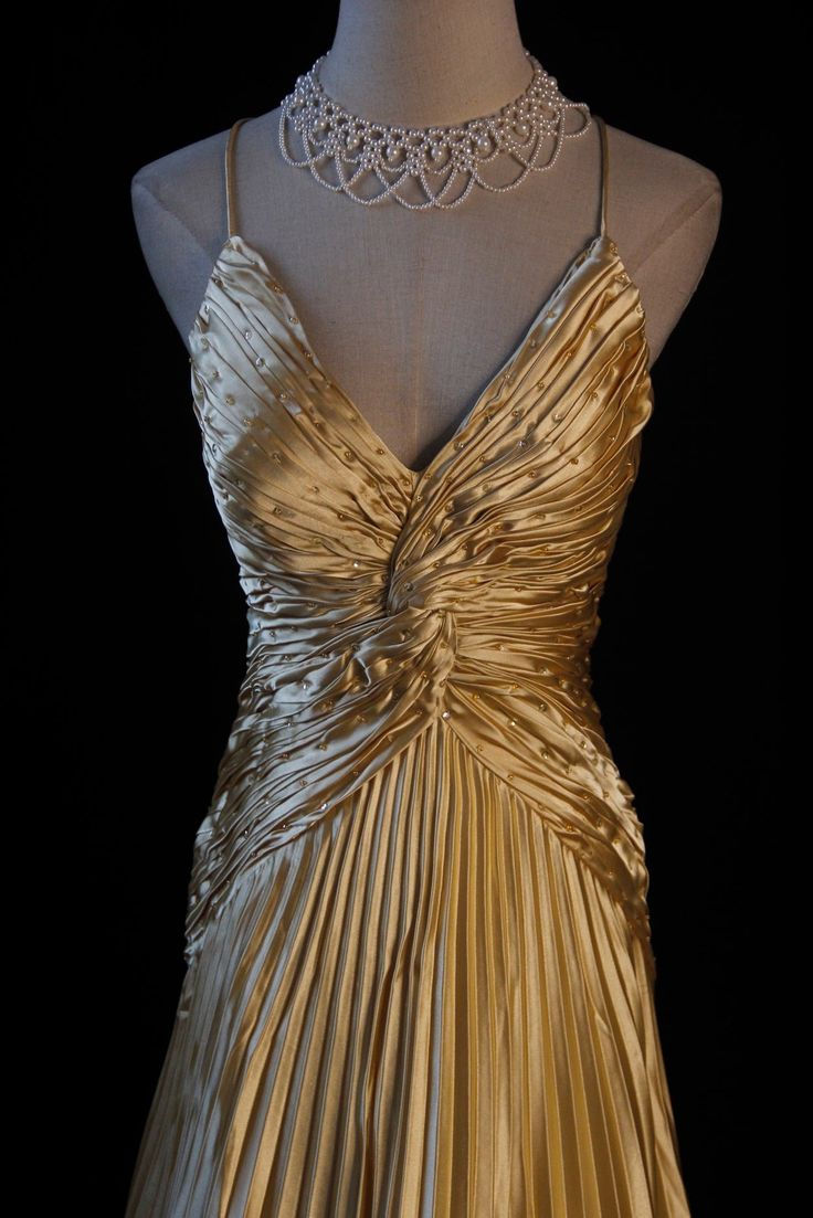 Gold A Line Spaghetti Straps Satin Long Prom Dress V Neck Pleated Evening Gown J6404