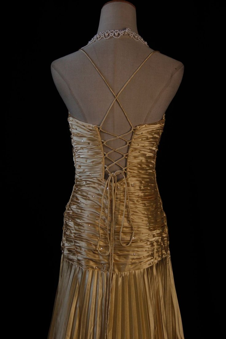 Gold A Line Spaghetti Straps Satin Long Prom Dress V Neck Pleated Evening Gown J6404