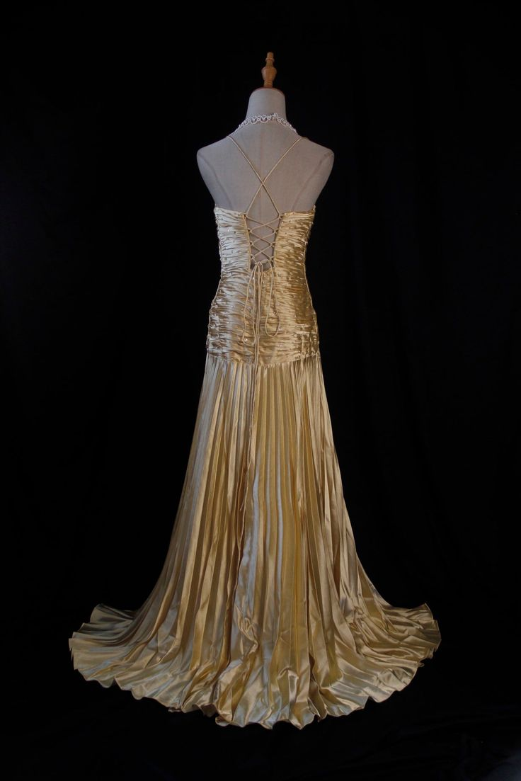 Gold A Line Spaghetti Straps Satin Long Prom Dress V Neck Pleated Evening Gown J6404