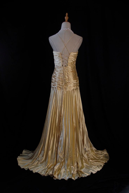 Gold A Line Spaghetti Straps Satin Long Prom Dress V Neck Pleated Evening Gown J6404