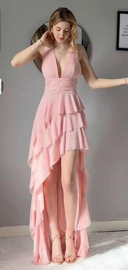 Rosa Ballkleid mit V-Ausschnitt und Schlitz, mehrlagig, A-Linie, formelles Kleid J6519