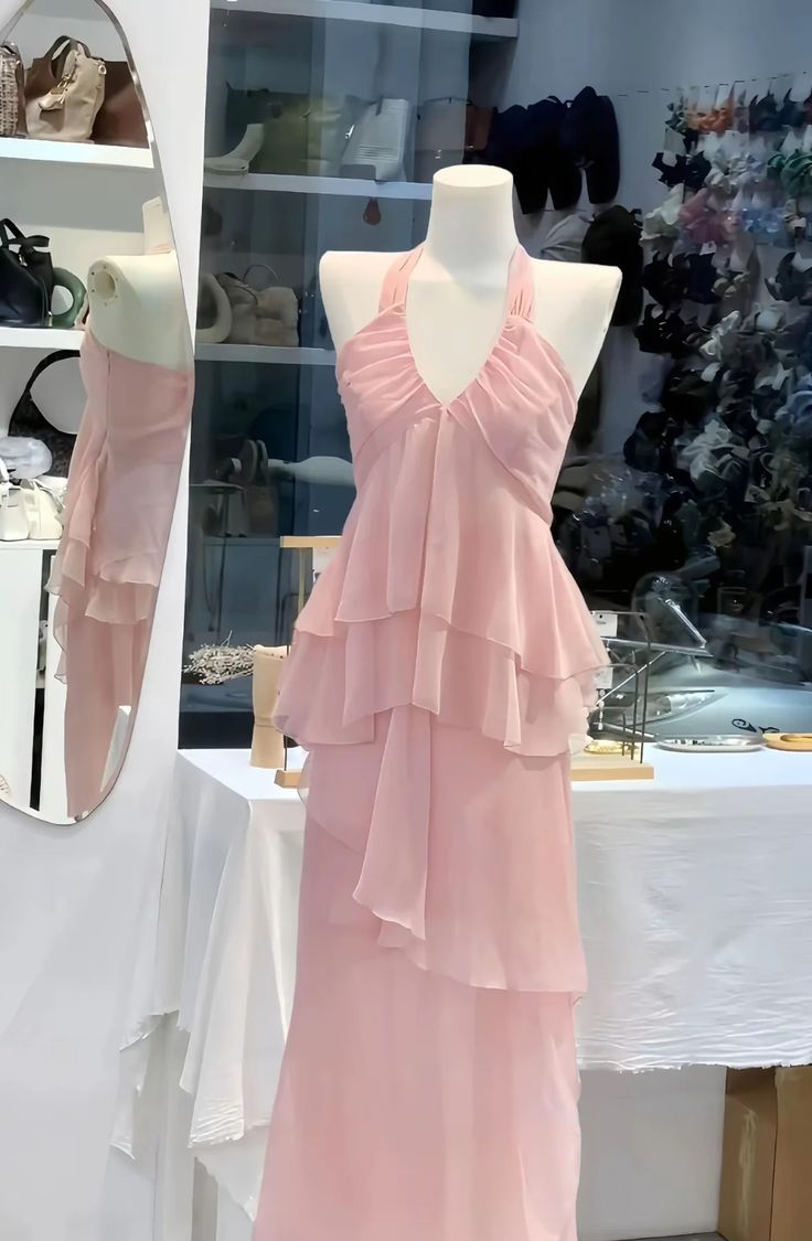 Robe de bal rose en mousseline de soie, coupe trapèze, dos nu, à volants, tenue d'anniversaire J6408