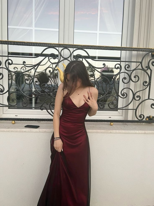 Spaghettiträger V-Ausschnitt Burgunderrotes Ballkleid Abendkleid J6412