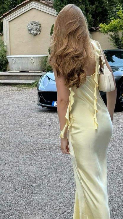 Robe de bal fourreau en satin à volants, robe de soirée formelle, robe d'invitée de mariage J6414