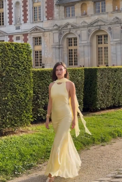 Robe de bal sirène jaune en mousseline de soie, robe d'invitée de mariage jaune J6416