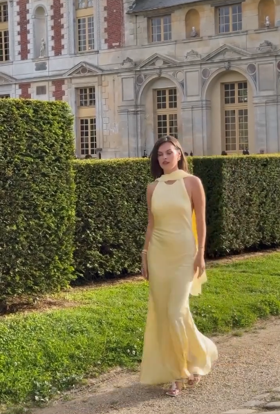 Robe de bal sirène jaune en mousseline de soie, robe d'invitée de mariage jaune J6416