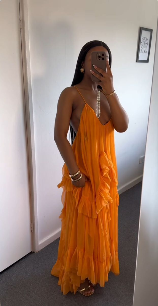 Robe de soirée orange en mousseline de soie à volants pour invité de mariage J6427