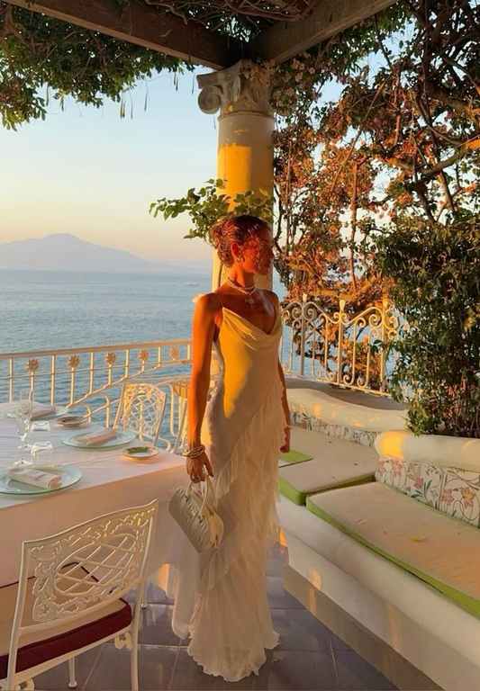 Robe de bal d'été en mousseline de soie à bretelles spaghetti et volants, tenue d'invitée de mariage J6428