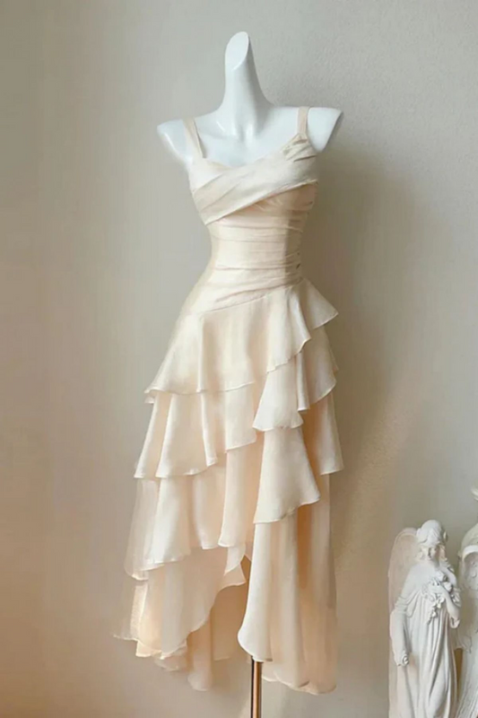 Elfenbein High Low Satin Träger Homecoming Kleid Schickes Ballkleid J8156