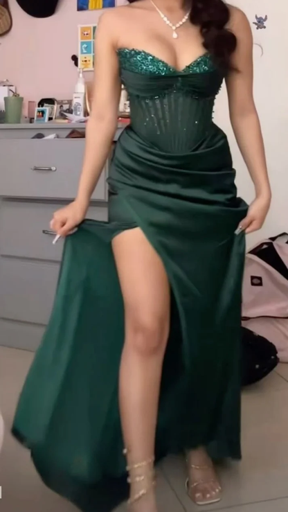 Mermaid Satin Slit Green Prom Dress Sexy Evening Gown J6461