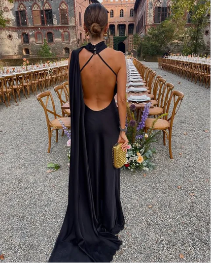 Robe de soirée longue noire dos nu à une épaule pour invité de mariage J6463