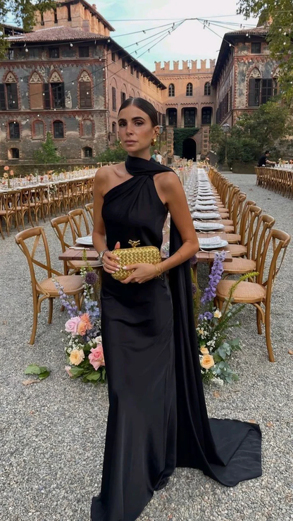 Robe de soirée longue noire dos nu à une épaule pour invité de mariage J6463