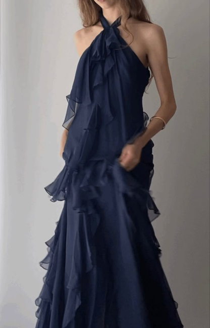 Robe de bal bleu marine à col licou en mousseline de soie à volants, robe de soirée pour invitée de mariage J6467