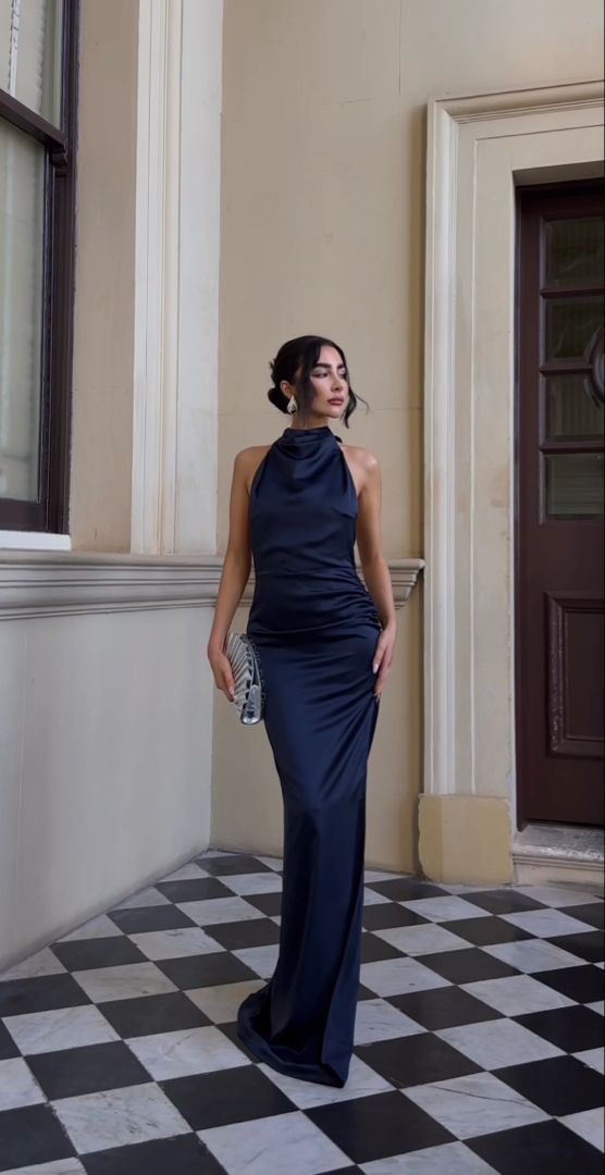 Halter Navy Blue Formal Party Dress Satin Sheath Wedding Guest Dress J6468