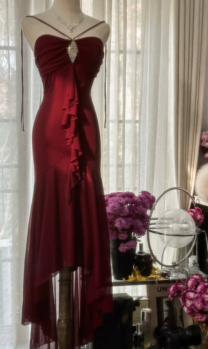 Chiffon Burgunderrotes Ballkleid Vintage Rüschen Abendkleid J6469