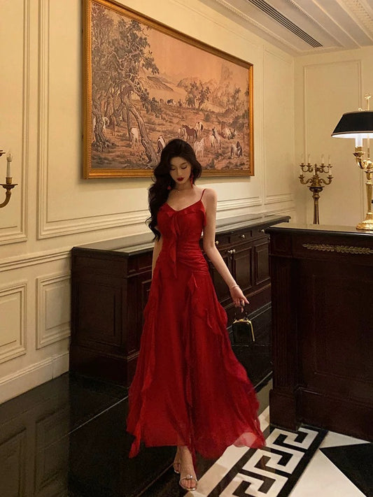 Spaghettiträger Rüschen Rotes Sommerkleid A-Linie Chiffon Ballkleid J6473