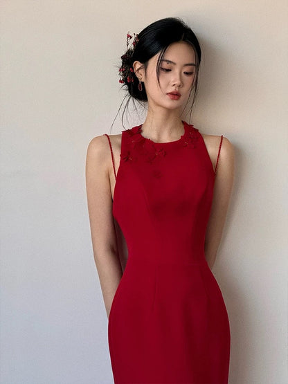 Robe de soirée sirène rouge à fleurs 3D J6474