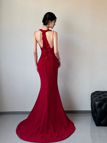 Robe de soirée sirène rouge à fleurs 3D J6474