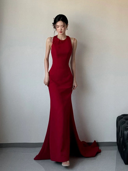 Robe de soirée sirène rouge à fleurs 3D J6474