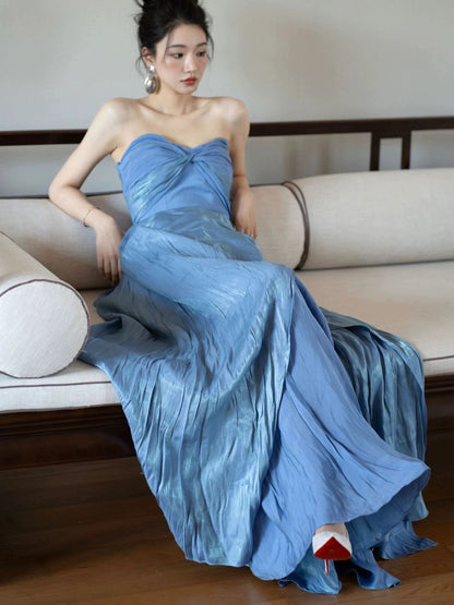 Strapless Blue A Line Prom Dress Summer Wedding Guest Dress J6475